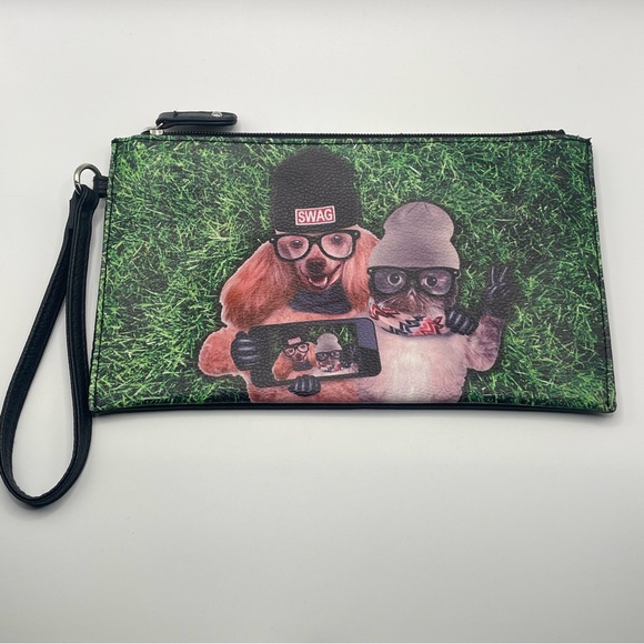 unkown Handbags - Black Swag Pouch Wristlet with Funny Dog & Cat